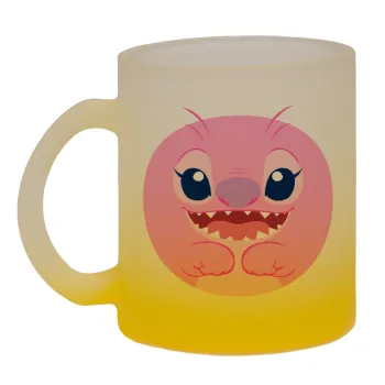 Lilo & Stitch Angel pink, Κούπα γυάλινη δίχρωμη με βάση το κίτρινο ματ, 330ml