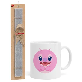 Lilo & Stitch Angel pink, Πασχαλινή Λαμπάδα με Κούπα κεραμική (330ml) & κερί αρωματικό πλακέ (30cm) (ΓΚΡΙ)