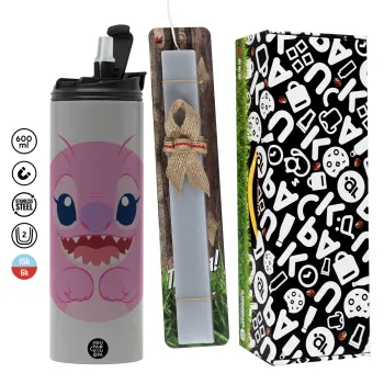 Lilo & Stitch Angel pink, Πασχαλινή Λαμπάδα με Travel Tumbler θερμό (600ml, BPA free) & κερί αρωματικό πλακέ (30cm) (ΓΚΡΙ)