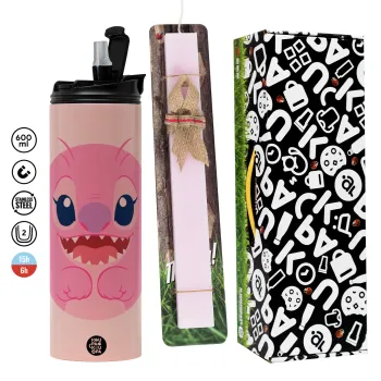 Lilo & Stitch Angel pink, Πασχαλινή Λαμπάδα με  ΡΟΖ Travel Tumbler θερμό (600ml, BPA free) & κερί αρωματικό πλακέ (30cm) (ΡΟΖ)