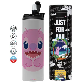 Lilo & Stitch Angel pink, Tumbler ποτήρι θερμό ΓΚΡΙ από ανοξείδωτο ατσάλι 600ml