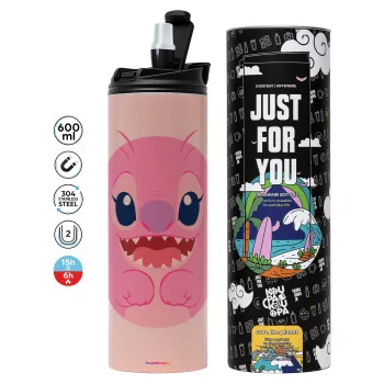 Lilo & Stitch Angel pink, Tumbler ποτήρι θερμό ΡΟΖ από ανοξείδωτο ατσάλι 600ml