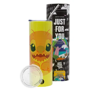 Lilo & Stitch Angel pink, Neon Yellow Travel Tumbler θερμό, μεταλλικό καλαμάκι(Ανωξείδωτο 304 Food grade, BPA free, 600ml)