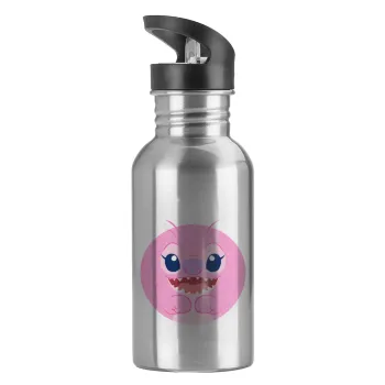 Lilo & Stitch Angel pink, Water bottle Silver with straw, stainless steel 600ml