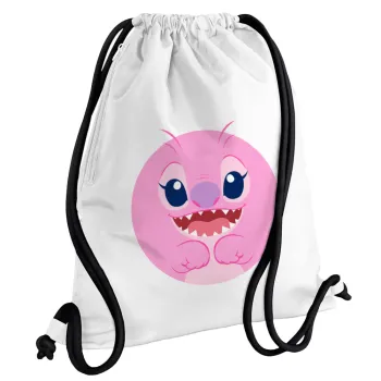 Lilo & Stitch Angel pink, Τσάντα πλάτης πουγκί GYMBAG λευκή, με τσέπη (40x48cm) & χονδρά κορδόνια