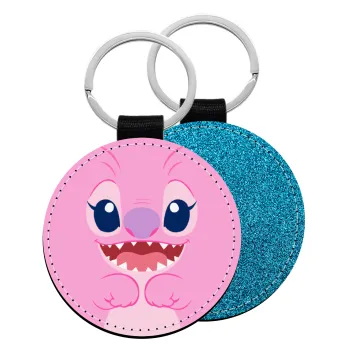 Lilo & Stitch Angel pink, Μπρελόκ Δερματίνη, στρογγυλό ΜΠΛΕ (5cm)