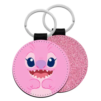 Lilo & Stitch Angel pink, Μπρελόκ Δερματίνη, στρογγυλό ΡΟΖ (5cm)