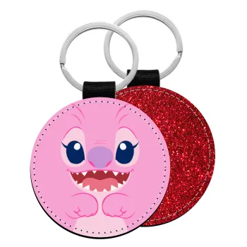 Lilo & Stitch Angel pink, Μπρελόκ Δερματίνη, στρογγυλό ΚΟΚΚΙΝΟ (5cm)