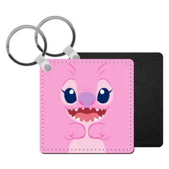 Lilo & Stitch Angel pink, Μπρελόκ Δερματίνη, τετράγωνο ΜΑΥΡΟ (5x5cm)