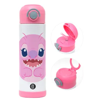 Lilo & Stitch Angel pink, Children's hot water bottle, stainless steel, with safety straw, PINK (500ml)