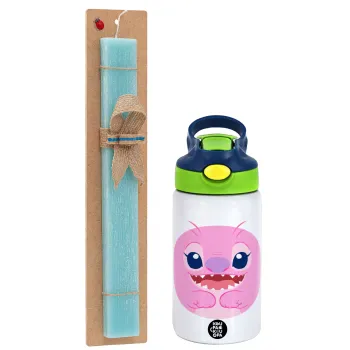 Lilo & Stitch Angel pink, Πασχαλινή Λαμπάδα με Παιδικό παγούρι θερμό, ανοξείδωτο, με καλαμάκι ασφαλείας, πράσινο/μπλε (350ml) & κερί αρωματικό πλακέ (30cm) (ΤΙΡΚΟΥΑΖ)