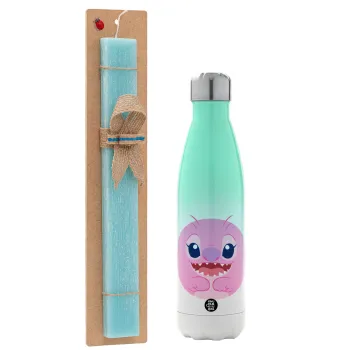 Lilo & Stitch Angel pink, Easter Set, Metallic green/white thermos (Stainless steel), double-walled, 500ml & scented flat Easter candle (30cm) (TURQUOISE)