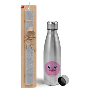 Lilo & Stitch Angel pink, Easter Set, metallic Inox water bottle (750ml) & aromatic flat Easter candle (30cm) (GRAY)