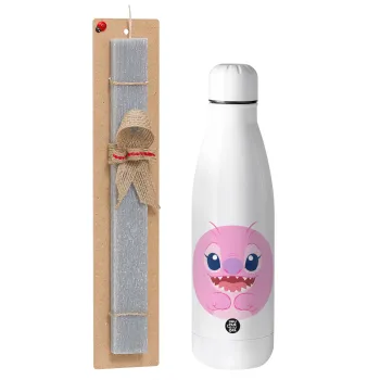 Lilo & Stitch Angel pink, Easter Set, metallic stainless thermos bottle (500ml) & scented flat Easter candle (30cm) (GRAY)