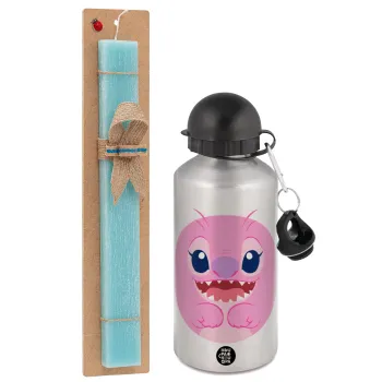 Lilo & Stitch Angel pink, Easter Set, metallic silver aluminum water bottle (500ml) & scented flat Easter candle (30cm) (TURQUOISE)