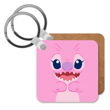 Lilo & Stitch Angel pink, Μπρελόκ Ξύλινο τετράγωνο MDF