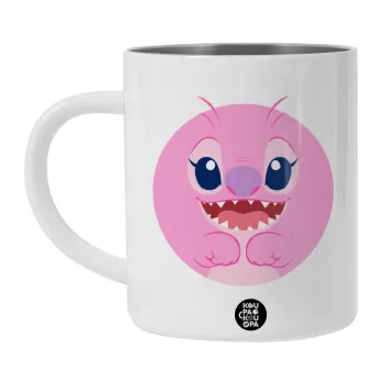 Lilo & Stitch Angel pink, Λευκή Ανοξείδωτη Μεταλλική Κούπα 450ml - Διπλού Τοιχώματος 