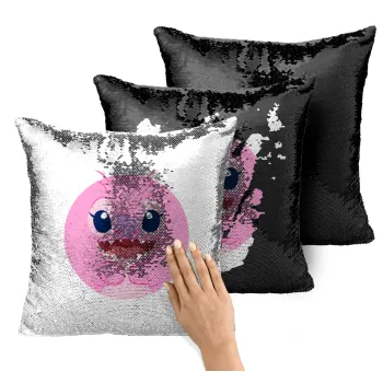Lilo & Stitch Angel pink, Μαξιλάρι καναπέ Μαγικό Μαύρο με πούλιες 40x40cm περιέχεται το γέμισμα