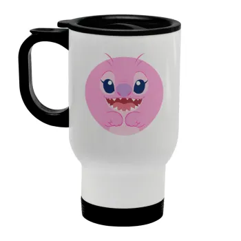 Lilo & Stitch Angel pink, Stainless steel travel mug with lid, double wall white 450ml