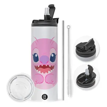 Lilo & Stitch Angel pink, Travel Tumbler θερμό με διπλό καπάκι, μεταλλικό καλαμάκι και βούρτσα καθαρισμού (Ανωξείδωτο 304 Food grade, BPA free, 600ml)