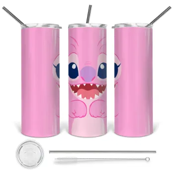 Lilo & Stitch Angel pink, Tumbler ποτήρι θερμό από ανοξείδωτο ατσάλι 600ml, με μεταλλικό καλαμάκι & βούρτσα καθαρισμού
