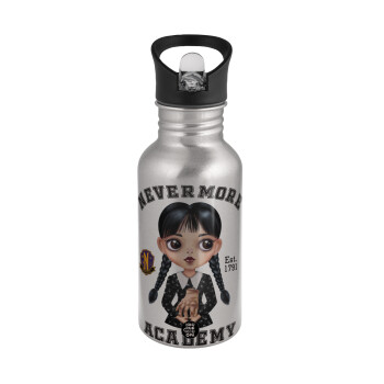 Wednesday Adams, nevermore, Water bottle Silver with straw, stainless steel 500ml
