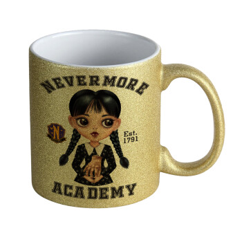 Wednesday Adams, nevermore, Κούπα Χρυσή Glitter που γυαλίζει, κεραμική, 330ml