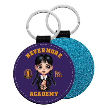 Wednesday Adams, nevermore, Μπρελόκ Δερματίνη, στρογγυλό ΜΠΛΕ (5cm)