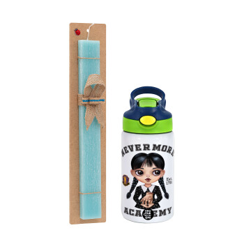 Wednesday Adams, nevermore, Easter Set, Children's thermal stainless steel bottle with safety straw, green/blue (350ml) & aromatic flat Easter candle (30cm) (TURQUOISE)