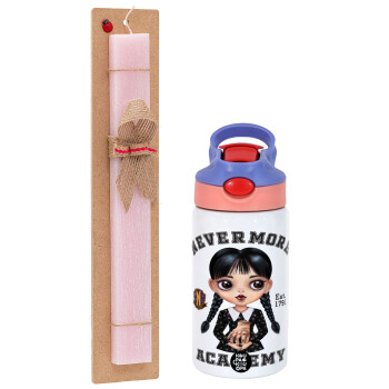 Wednesday Adams, nevermore, Easter Set, Children's thermal stainless steel water bottle with safety straw, pink/purple (350ml) & Easter scented flat candle (30cm) (PINK)
