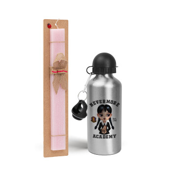 Wednesday Adams, nevermore, Easter Set, metallic Silver aluminum water bottle (500ml) & scented flat Easter candle (30cm) (PINK)