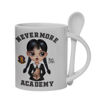 Wednesday Adams, nevermore, Ceramic coffee mug with Spoon, 330ml (1pcs)