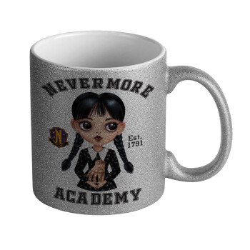 Wednesday Adams, nevermore, Κούπα Ασημένια Glitter που γυαλίζει, κεραμική, 330ml