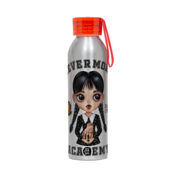 Wednesday Adams, nevermore, Aluminum Sports Bottle 650ml – Silver with Red Cap and Silicone Strap