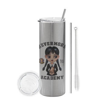 Wednesday Adams, nevermore, Eco friendly stainless steel Silver tumbler 600ml, with metal straw & cleaning brush