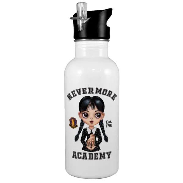 Wednesday Adams — Παγούρι νερού Λευκό με καλαμάκι, ανοξείδωτο ατσάλι 600ml
