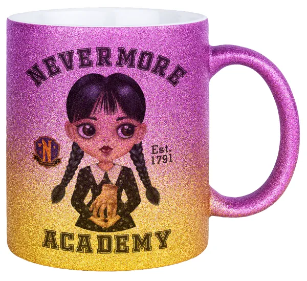 Wednesday Adams — Gold/pink glitter mug, ceramic, 330ml
