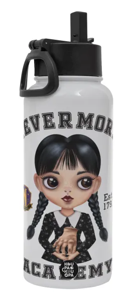 Wednesday Adams — Μεταλλικό παγούρι θερμός Λευκό με καλαμάκι και χερούλι (Stainless steel), διπλού τοιχώματος, 950ml