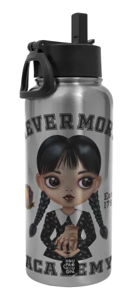 Wednesday Adams — Μεταλλικό παγούρι θερμός Silver με καλαμάκι και χερούλι (Stainless steel), διπλού τοιχώματος, 950ml
