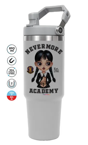 Wednesday Adams — ΓΚΡΙ Travel Tumbler Θερμός με χερούλι και καλαμάκι 890ml