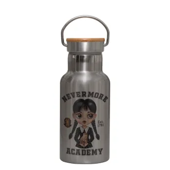 Wednesday Adams, nevermore, Stainless steel metallic thermos flask, silver with a bamboo lid, double-walled, 350ml.