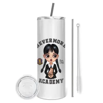 Wednesday Adams, nevermore, Tumbler ποτήρι θερμό από ανοξείδωτο ατσάλι 600ml, με μεταλλικό καλαμάκι & βούρτσα καθαρισμού