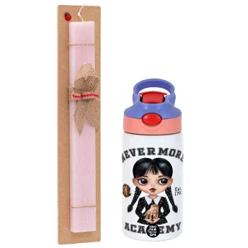 Wednesday Adams, nevermore, Easter Set, Children's thermal stainless steel water bottle with safety straw, pink/purple (350ml) & Easter scented flat candle (30cm) (PINK)