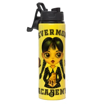 Wednesday Adams, nevermore, Μεταλλικό παγούρι νερού με καπάκι ασφαλείας, αλουμινίου 850ml