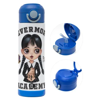 Wednesday Adams, nevermore, Παιδικό παγούρι θερμό, ανοξείδωτο, με καλαμάκι ασφαλείας, ΜΠΛΕ (500ml)