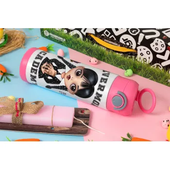 Wednesday Adams, nevermore, Easter candle, Childrens hot water bottle, stainless steel, with safety straw, PINK (500ml)