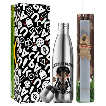 Wednesday Adams, nevermore, Easter Set, metallic stainless thermos flask (500ml) & scented flat Easter candle (30cm) (GRAY)