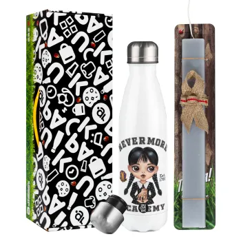 Wednesday Adams, nevermore, Easter candle, metallic white thermos bottle (500ml) & aromatic flat candle (30cm) (GRAY)