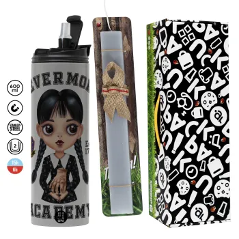 Wednesday Adams, nevermore, Πασχαλινή Λαμπάδα με Travel Tumbler θερμό (600ml, BPA free) & κερί αρωματικό πλακέ (30cm) (ΓΚΡΙ)