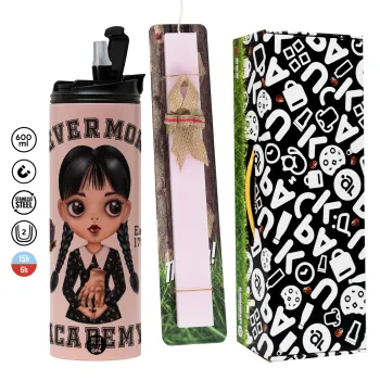 Wednesday Adams, nevermore, Πασχαλινή Λαμπάδα με  ΡΟΖ Travel Tumbler θερμό (600ml, BPA free) & κερί αρωματικό πλακέ (30cm) (ΡΟΖ)